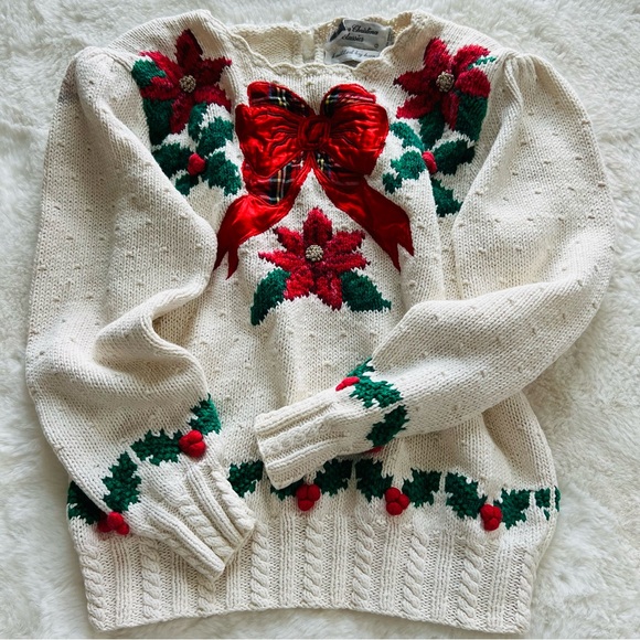 Vintage Red Bow Ugly Christmas Pullover Size M. Knitted by hand. - Picture 11 of 15